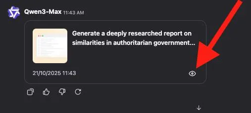 Qwen Chat Deep Research report example -- view report icon
